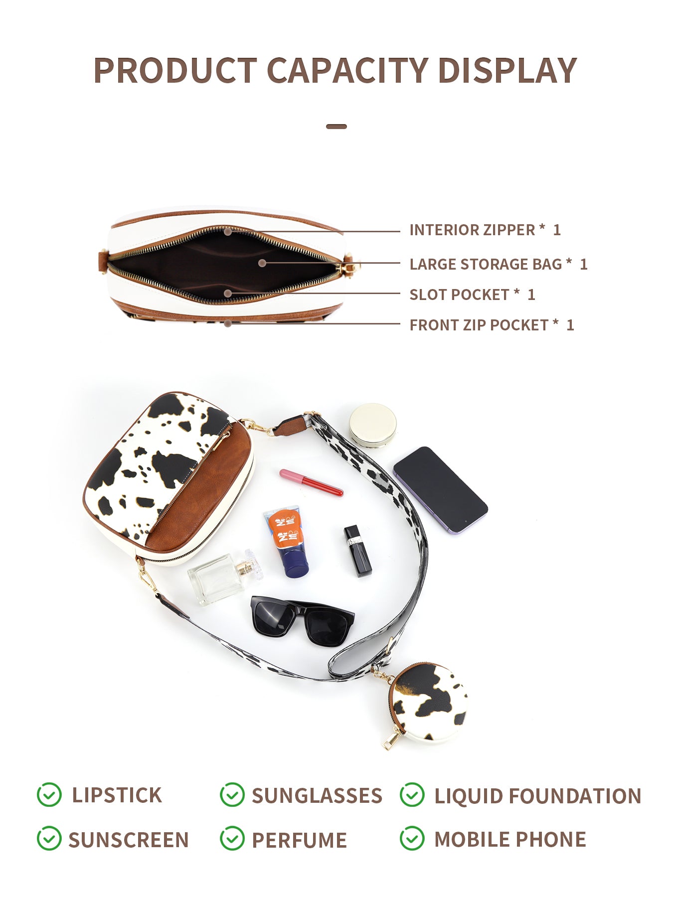 CINBIN Cow Print Crossbody Bag with Detachable Wallet and Adjustable Strap