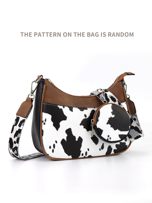 CINBIN Cow Print Crossbody Half Moon Bag with Detachable Wallet and Adjustable Strap