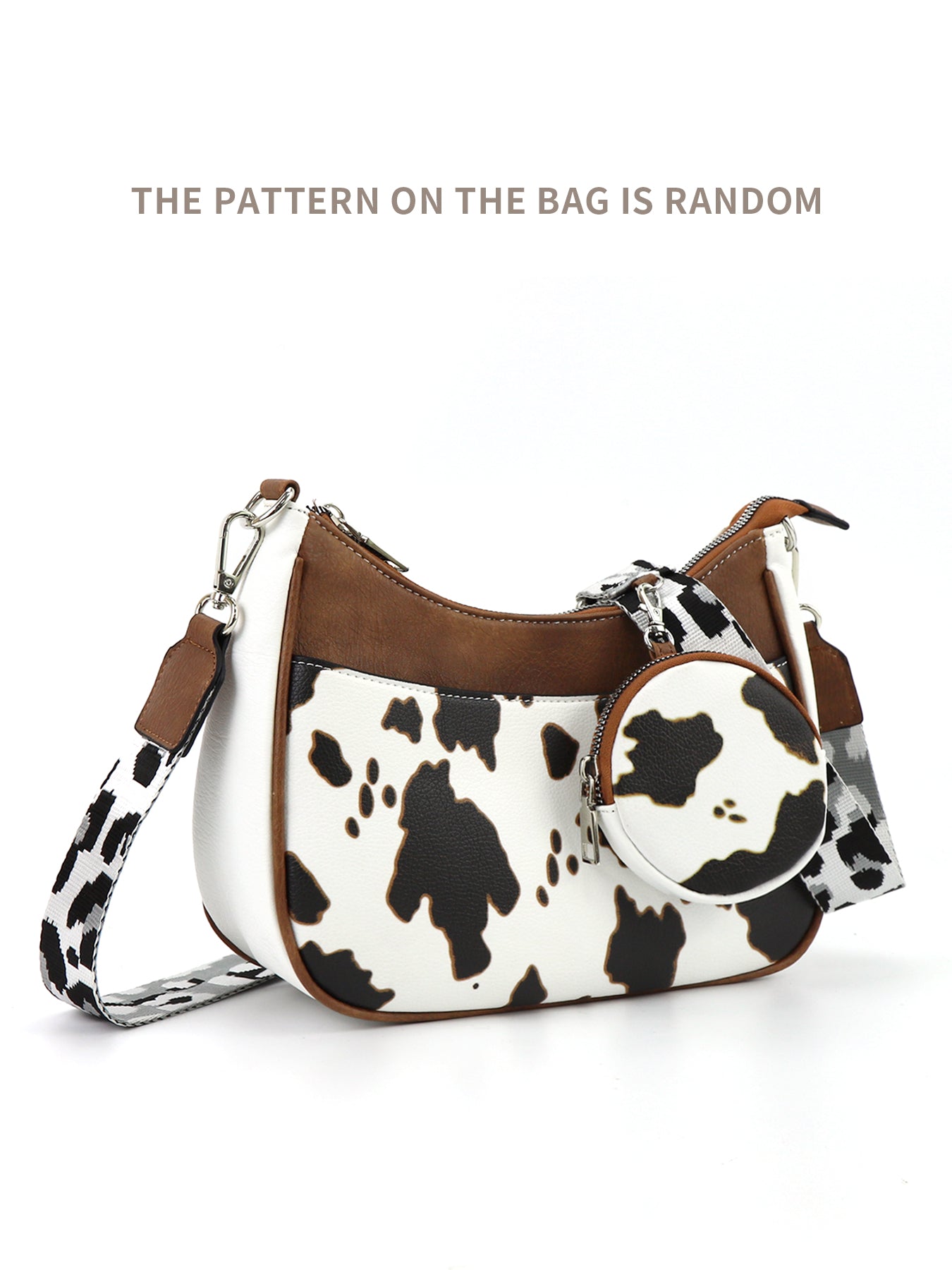 CINBIN Cow Print Crossbody Half Moon Bag with Detachable Wallet and Adjustable Strap