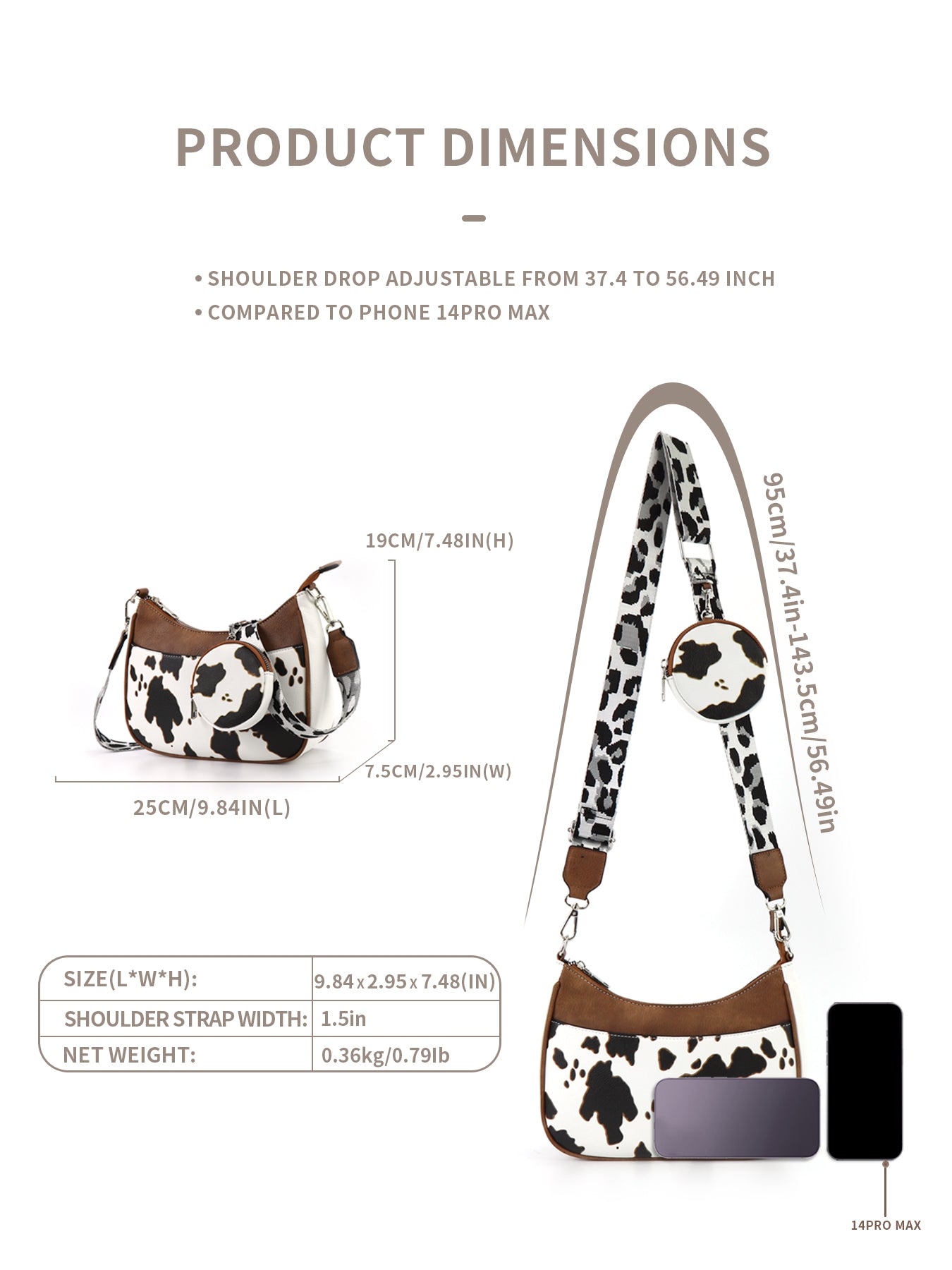 CINBIN Cow Print Crossbody Half Moon Bag with Detachable Wallet and Adjustable Strap