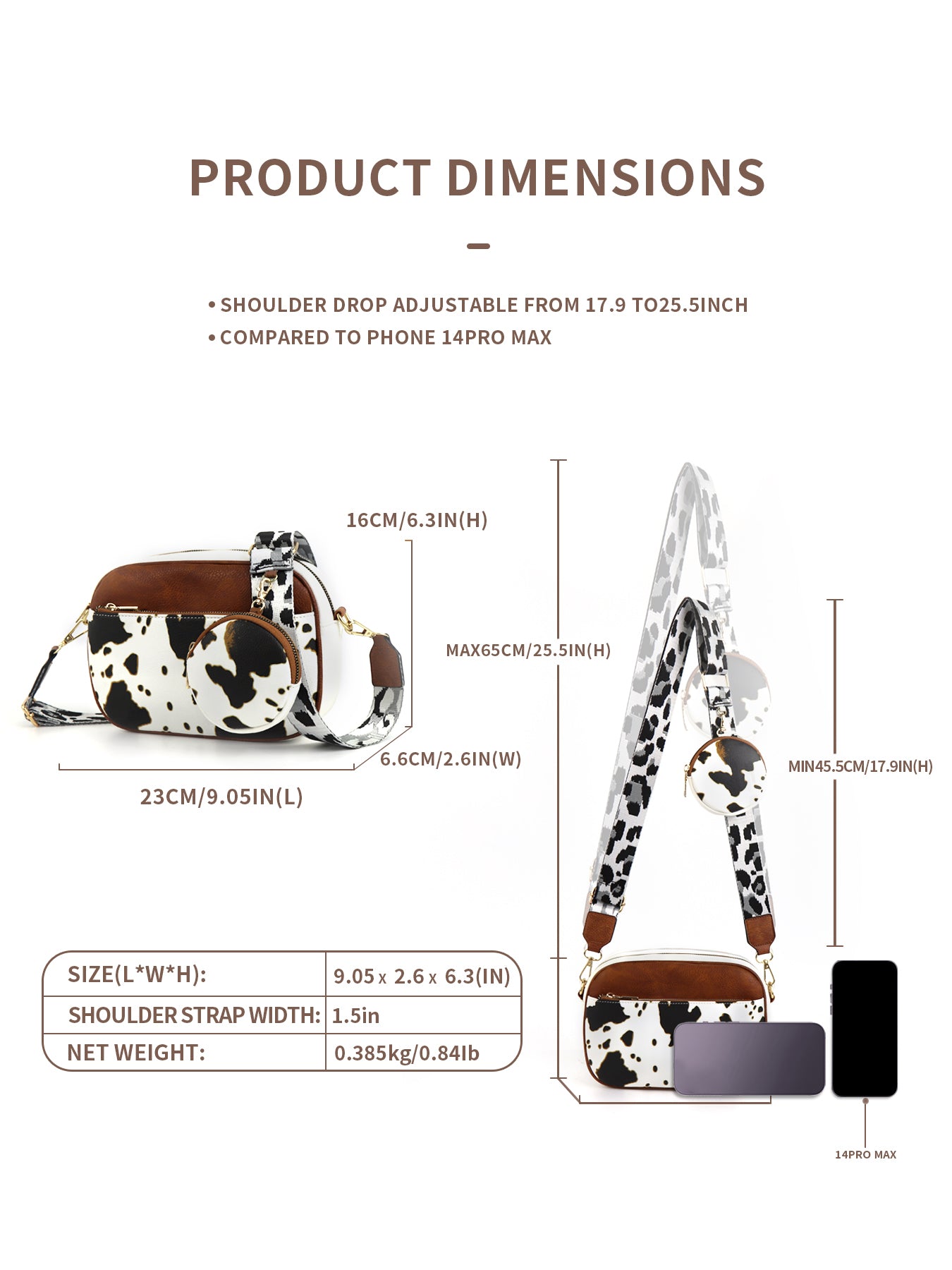 CINBIN Cow Print Crossbody Bag with Detachable Wallet and Adjustable Strap