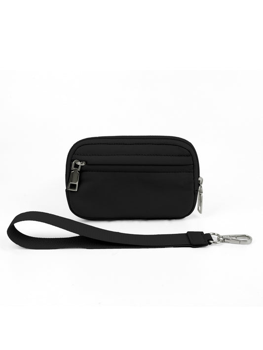 Women's Nylon Wristlet Handbag with Keychain, Waterproof and Lightweight (Black)