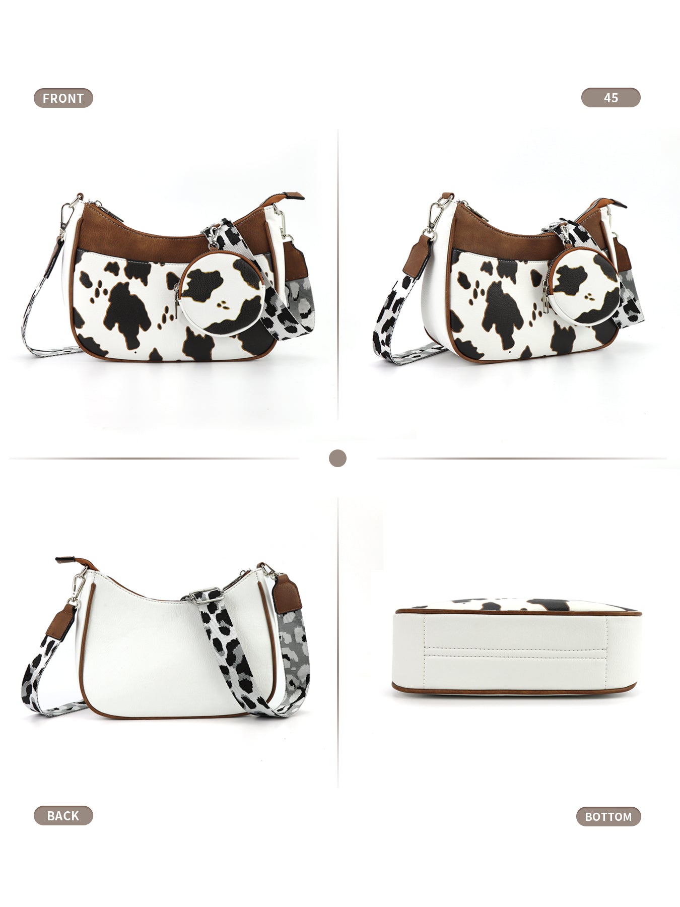 CINBIN Cow Print Crossbody Half Moon Bag with Detachable Wallet and Adjustable Strap