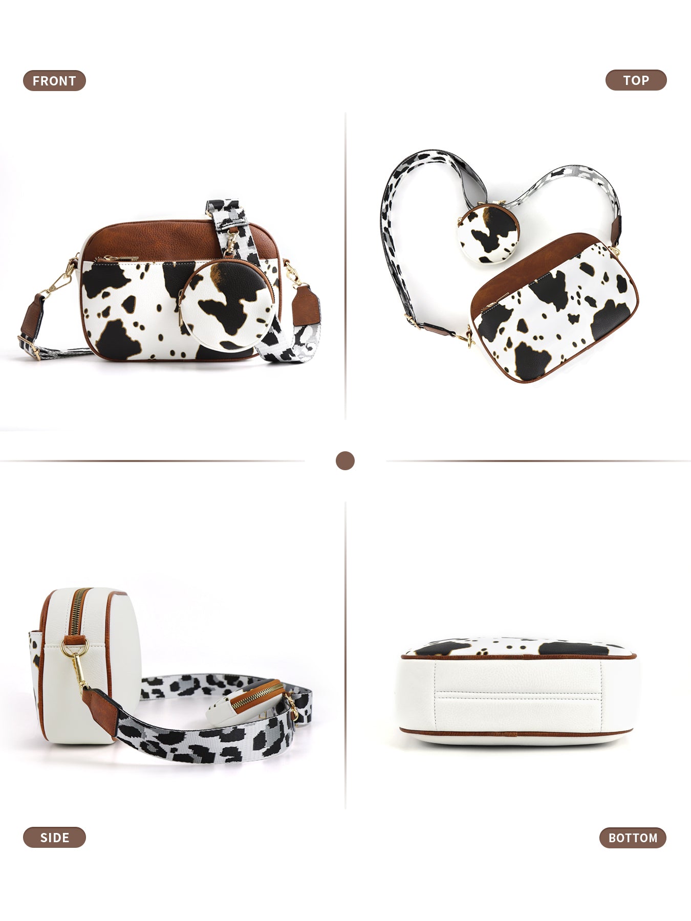 CINBIN Cow Print Crossbody Bag with Detachable Wallet and Adjustable Strap