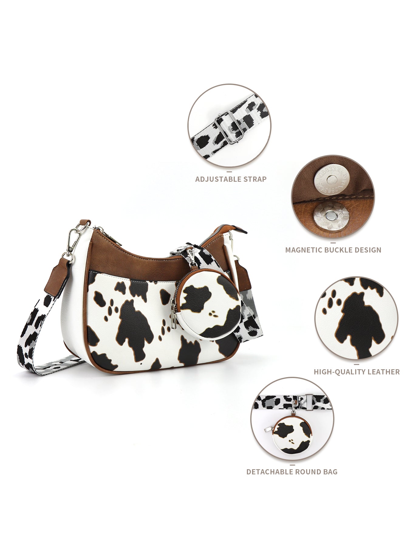 CINBIN Cow Print Crossbody Half Moon Bag with Detachable Wallet and Adjustable Strap