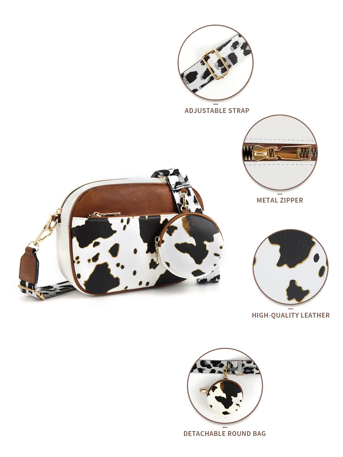 CINBIN Cow Print Crossbody Bag with Detachable Wallet and Adjustable Strap